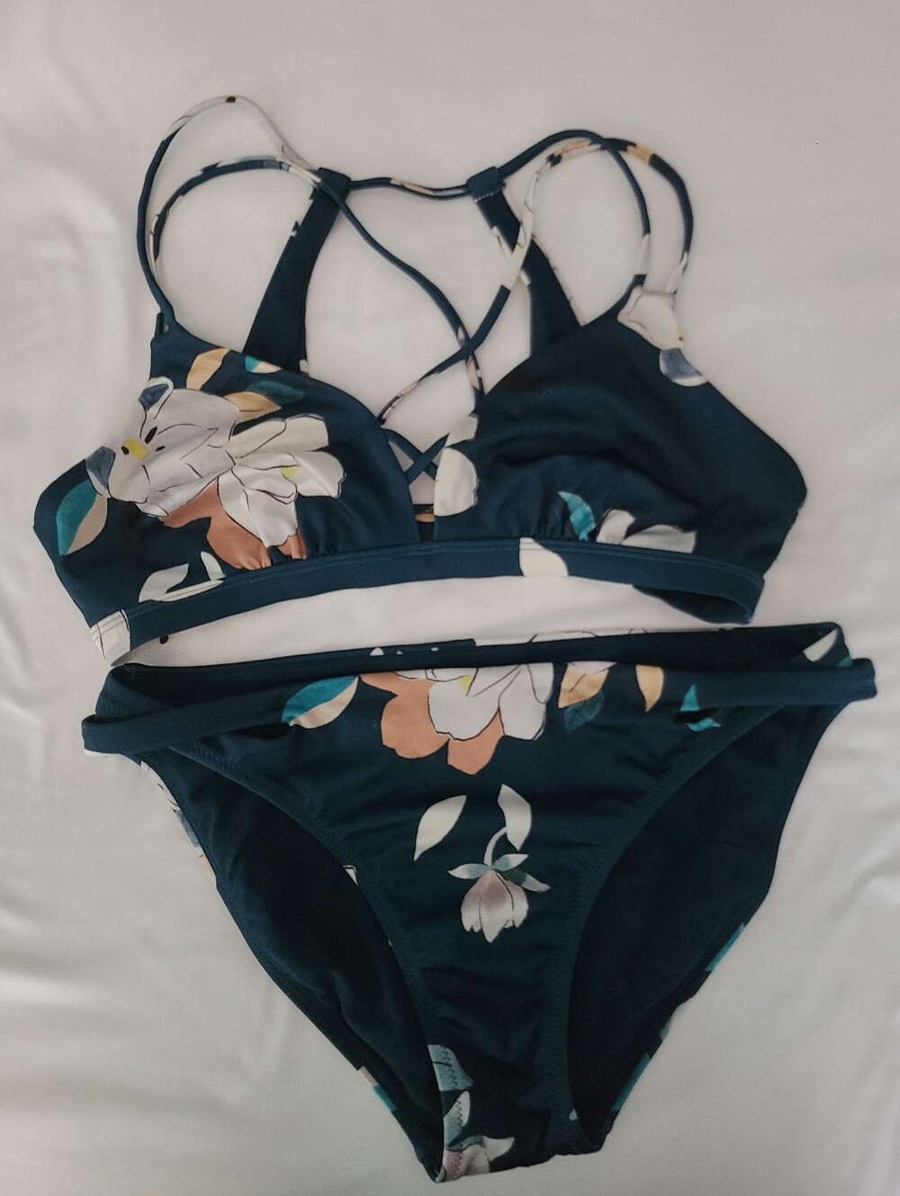 Athleta Navy Floral Crisscross Strappy Bikini Set Womens Medium